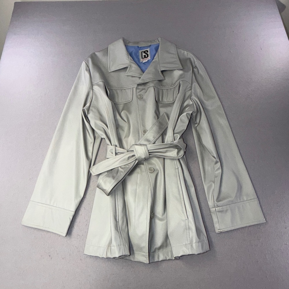 CS Signature Trench Coat Womens 1X Silver Metallic Belted Utility Jacket 90s